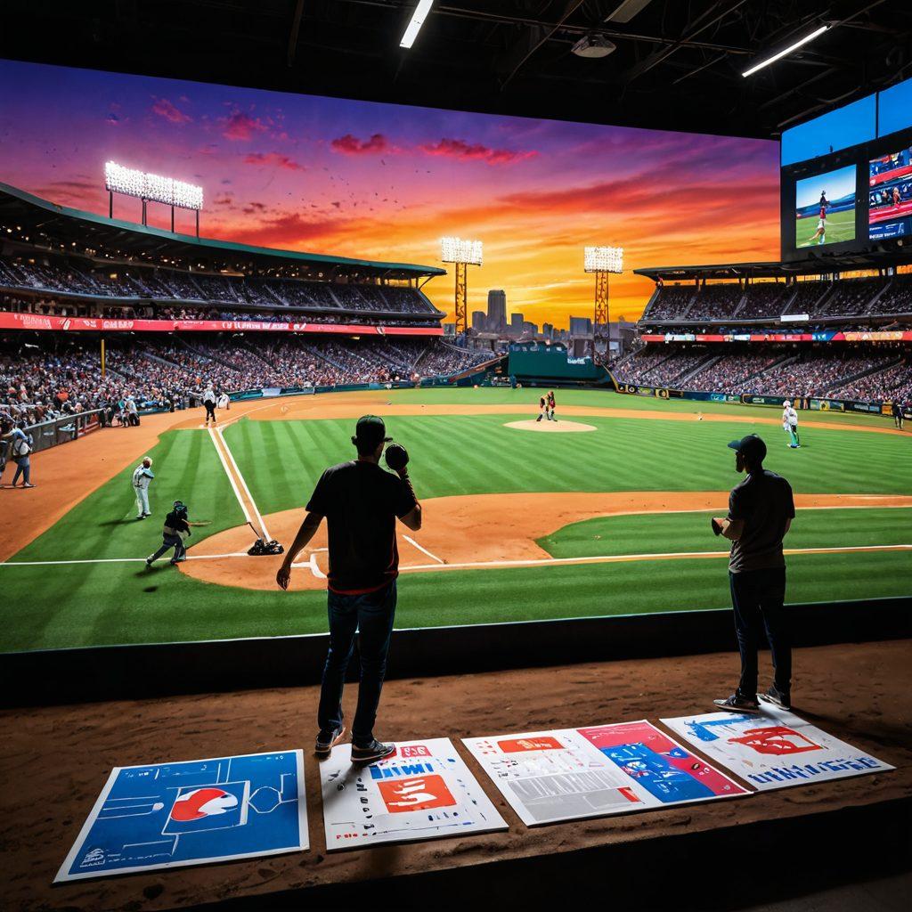 A captivating baseball field merging art and analytics, featuring a colorful mural of famous players intertwined with vibrant data visualizations like charts and graphs. In the foreground, an artist painting a player in action, while digital screens display stats and artistic interpretations of the game. The sky is a sunset of vivid colors, casting a creative glow over the scene. super-realistic. vibrant colors. painting.