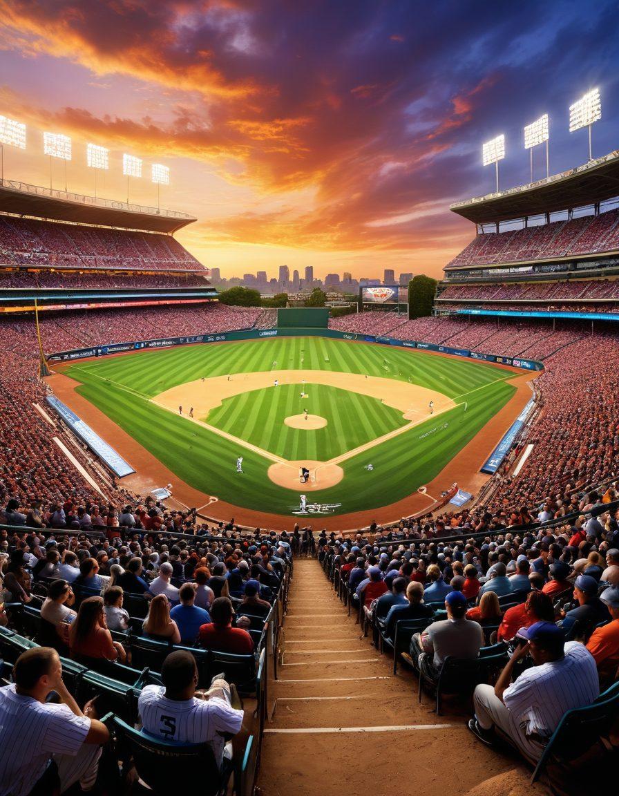 A dynamic baseball scene capturing iconic moments in history, featuring diverse players executing stunning plays on a vibrant field. Include glimmering diamonds scattered throughout the scene to symbolize the 'Diamonds in the Game' theme. Showcase a brilliant sun setting in the background for added drama, with cheering fans in the stands to evoke excitement. Artistic blend of classic and modern baseball elements. super-realistic. vibrant colors.