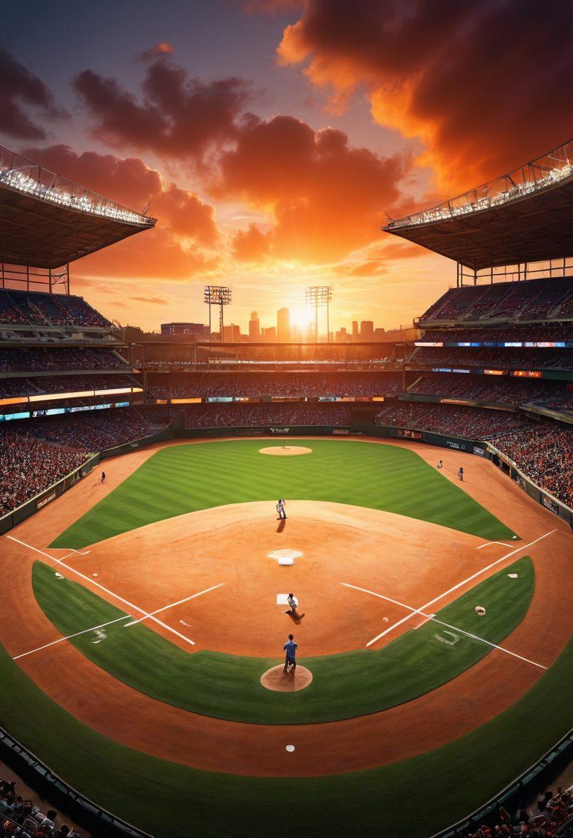A breathtaking baseball diamond under a vibrant sunset, showcasing players in action capturing unforgettable moments. Incorporate a wide-angle view with a packed stadium, emotional fans, and a glowing diamond shining brightly at the center. Include subtle details like baseball equipment and dramatic lighting to enhance the scene. super-realistic. vibrant colors. cinematic lighting.